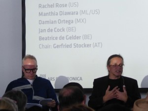 Hans-Ulrich Obrist and Gerfried Stocker during the Gluon Session at Ars Electronica 2017. Image Annick Bureaud